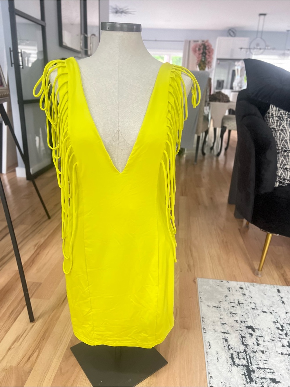 Fashion Nova Bright Yellow V-Neck Satin Dress with Fringe Straps - Picture 4 of 7
